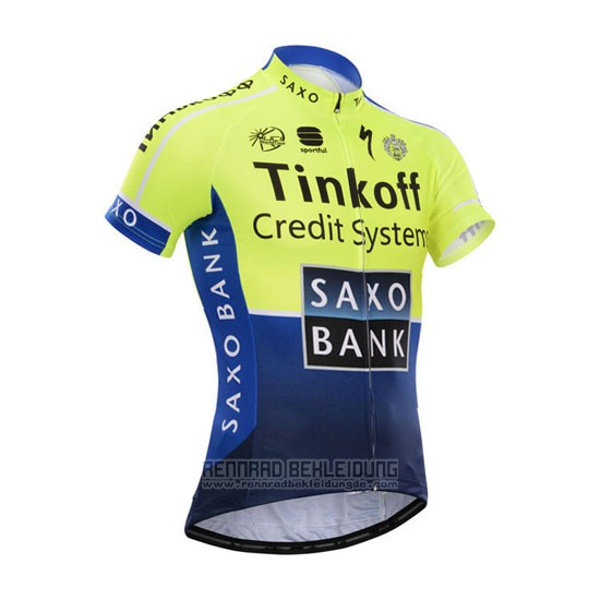 2014 Fahrradbekleidung Tinkoff Saxo Bank Blau und Grun Trikot Kurzarm und Tragerhose